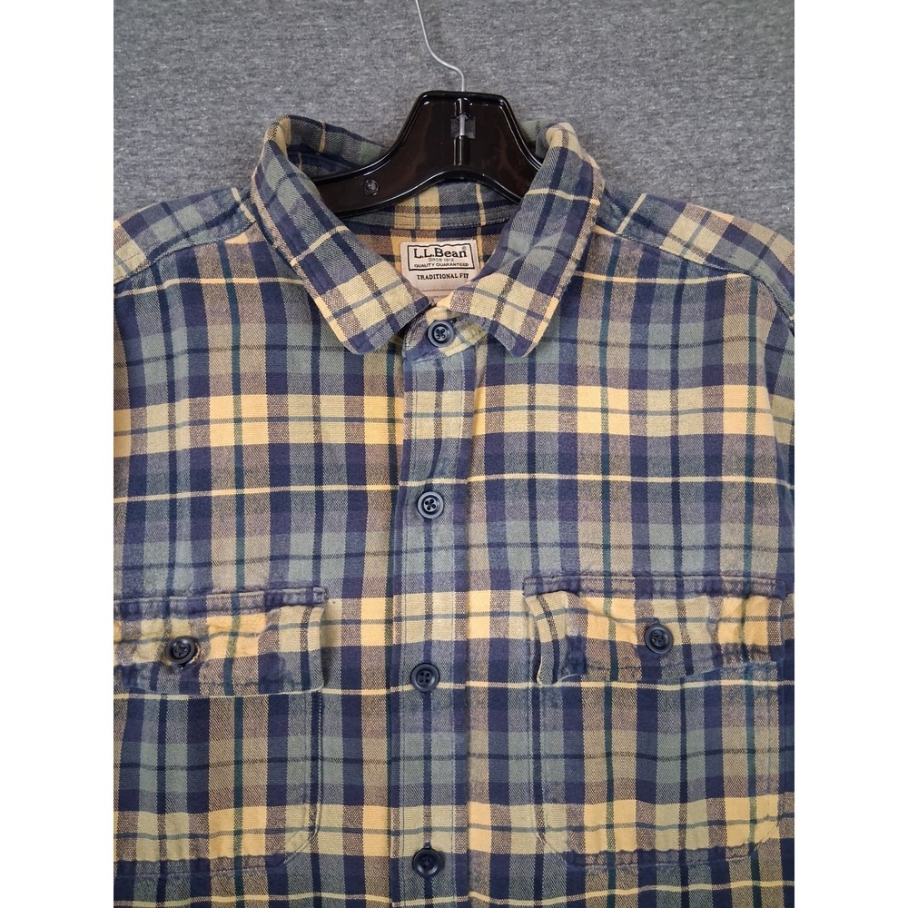 LL Bean Mens Shirt XL Blue Yellow Plaid Button Traditional Fit Classic 277981